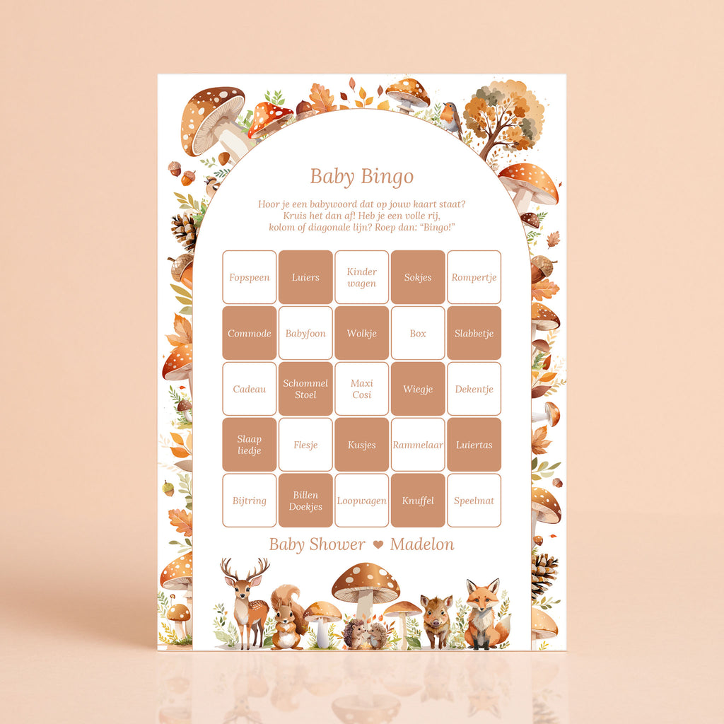 Baby Bingo kaart in Bosdieren stijl met hert, vos en herfstbladeren, gepersonaliseerd met naam – Studio Miron