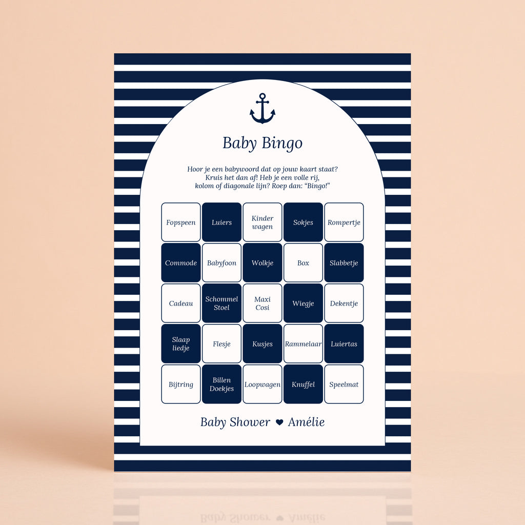 Baby Bingo kaart in Navy Blue met streepjes, gepersonaliseerd met naam, Studio Miron