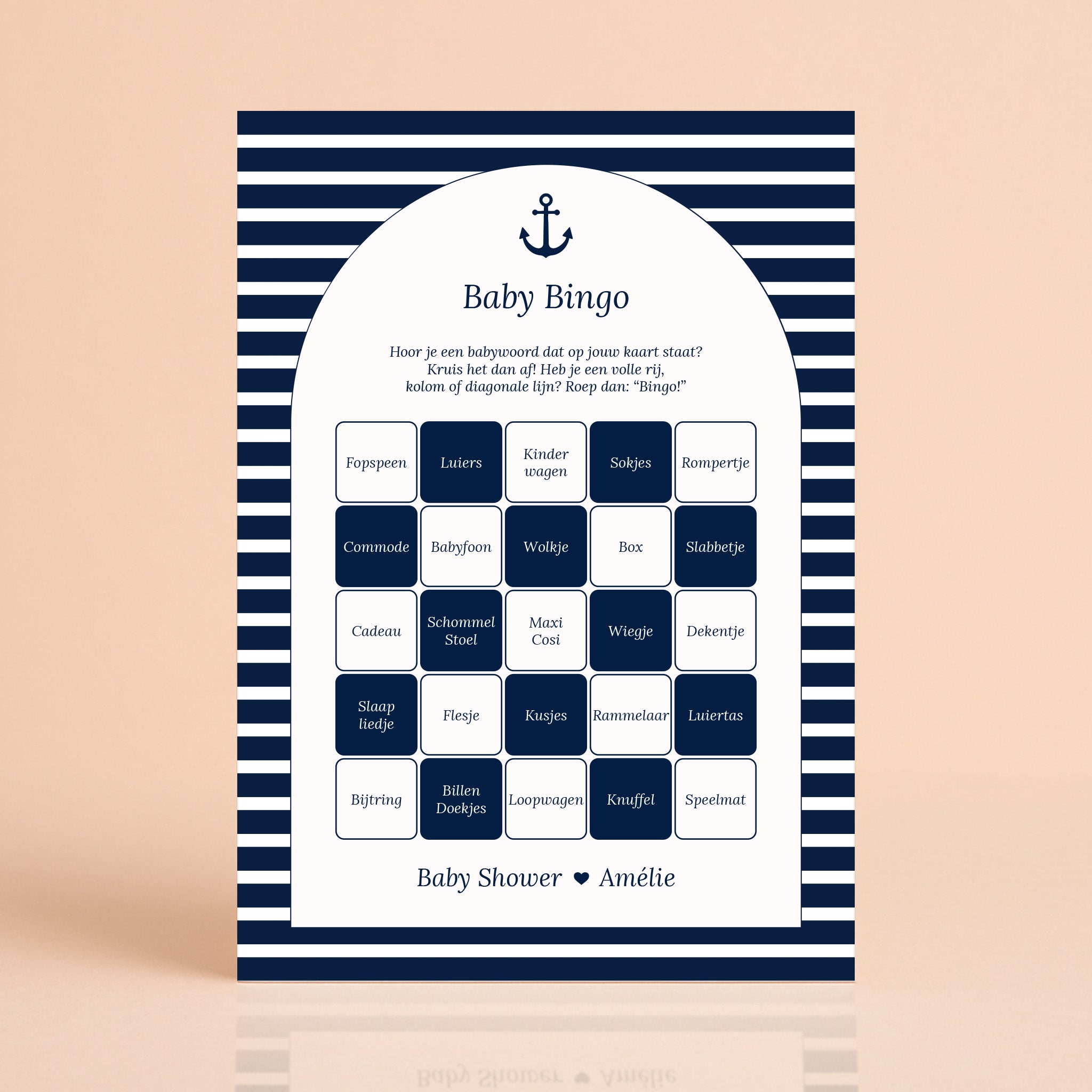 Baby Bingo kaart in Navy Blue met streepjes, gepersonaliseerd met naam, Studio Miron