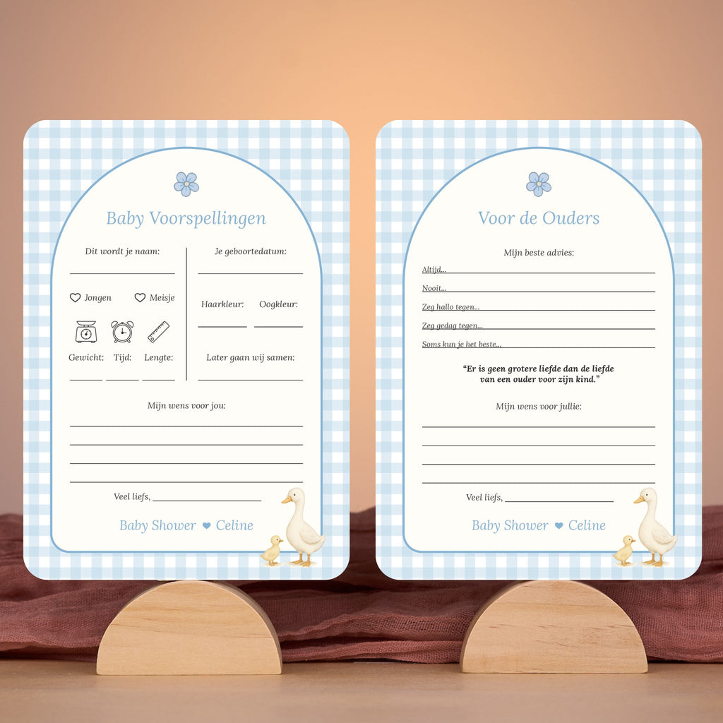 Baby Voorspellingen en Voor de Ouders set in gingham blauw met gansje in sfeervolle babyshower setting met decoratie, Studio Miron