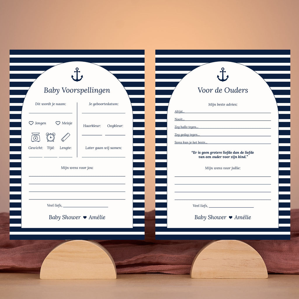 Baby Voorspellingen en Voor de Ouders set in Navy Blue in elegante babyshower setting met decoratie, Studio Miron