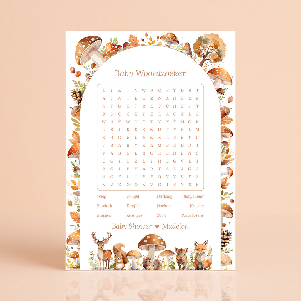 Baby Woordzoeker kaart in Bosdieren stijl met hert, vos en paddenstoelen, gepersonaliseerd met naam – Studio Miron