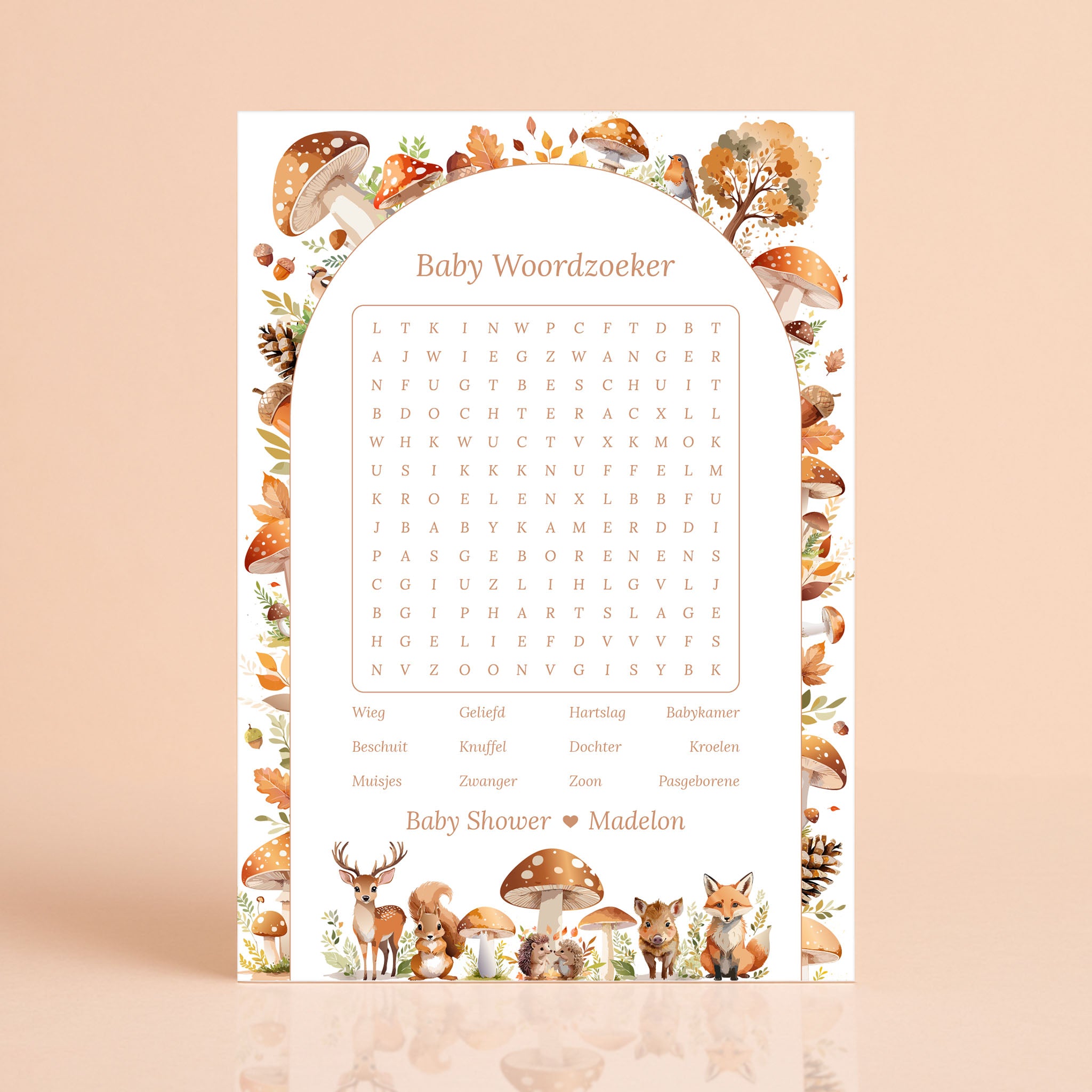 Baby Woordzoeker kaart in Bosdieren stijl met hert, vos en paddenstoelen, gepersonaliseerd met naam – Studio Miron