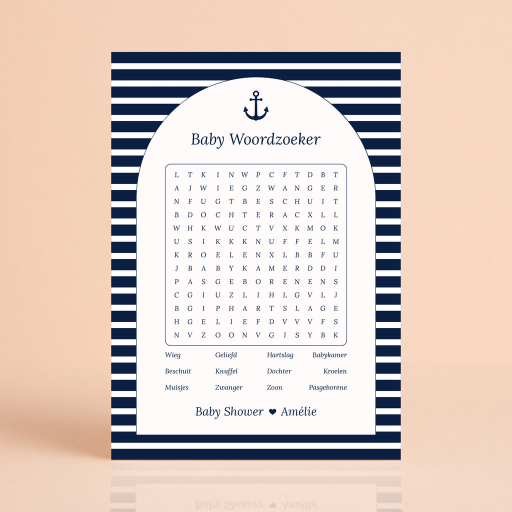 Baby Woordzoeker kaart in Navy Blue met streepjes, gepersonaliseerd met naam, Studio Miron