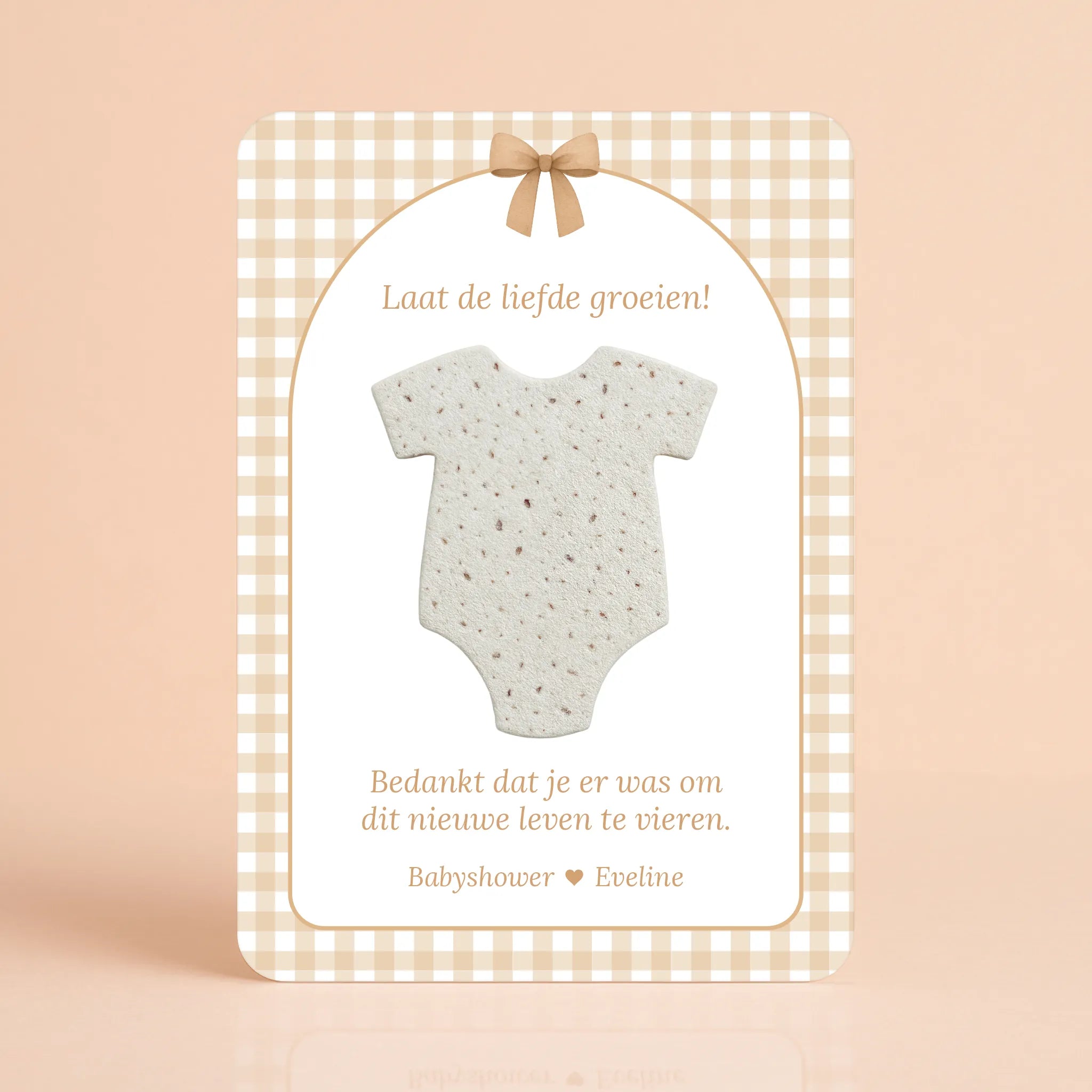 Babyshower cadeau en bedankje met zaadpapier hart Gingham Bruin – gepersonaliseerd kaartje met romper van zaadpapier, Studio Miron