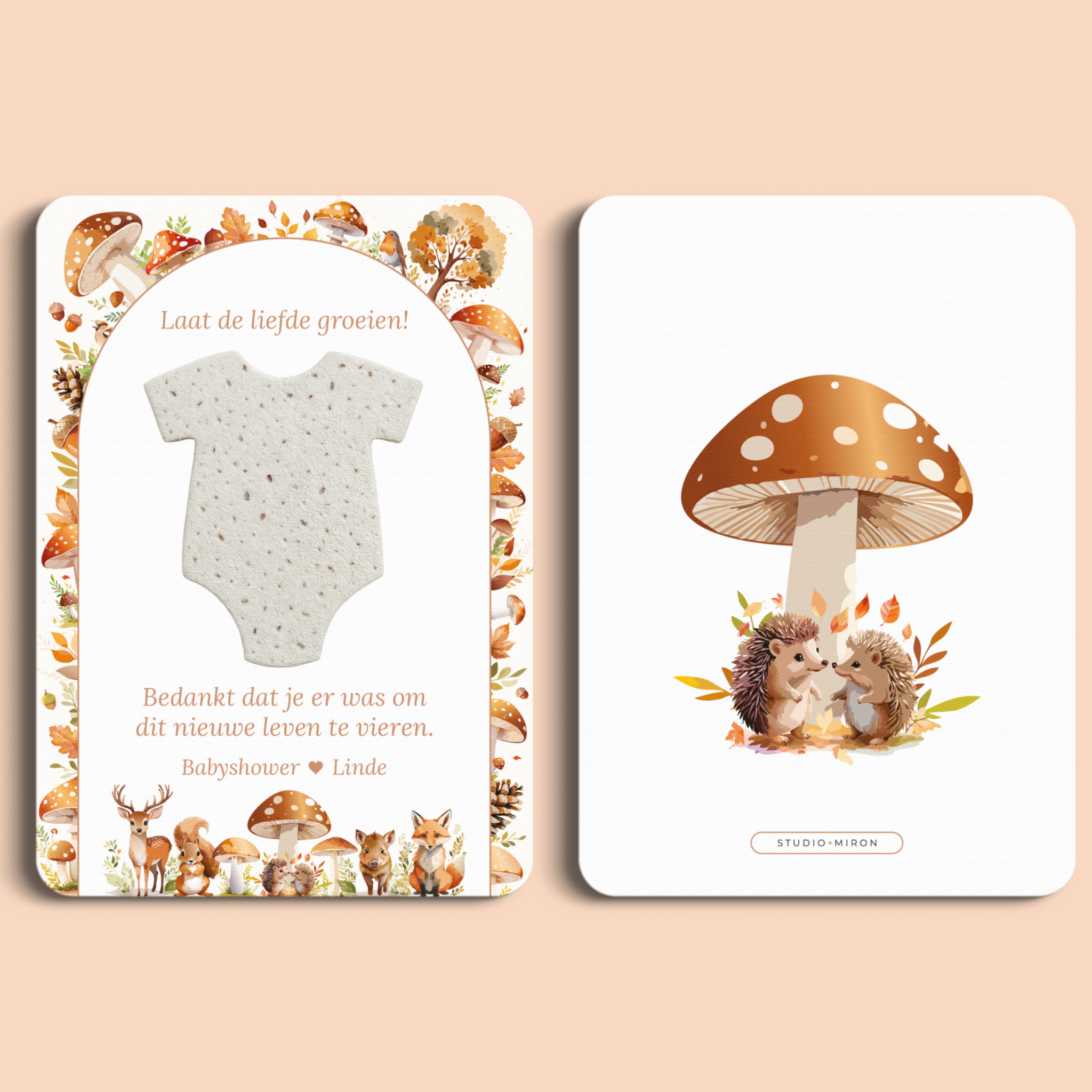 Babyshower cadeau en bedankje met zaadpapier romper in Bosdieren stijl, voor- en achterkant – Studio Miron