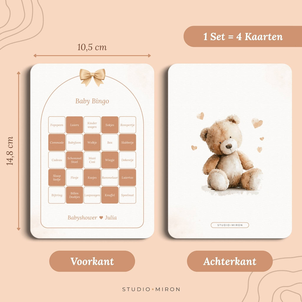 Babyshower invulkaart Baby Bingo in Boho Beige Beer stijl met formaat en achterkant, Studio Miron