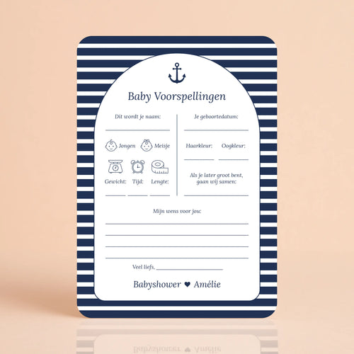 Babyshower invulkaart Baby Voorspellingen in Navy Blue stijl, gepersonaliseerd met naam – Studio Miron