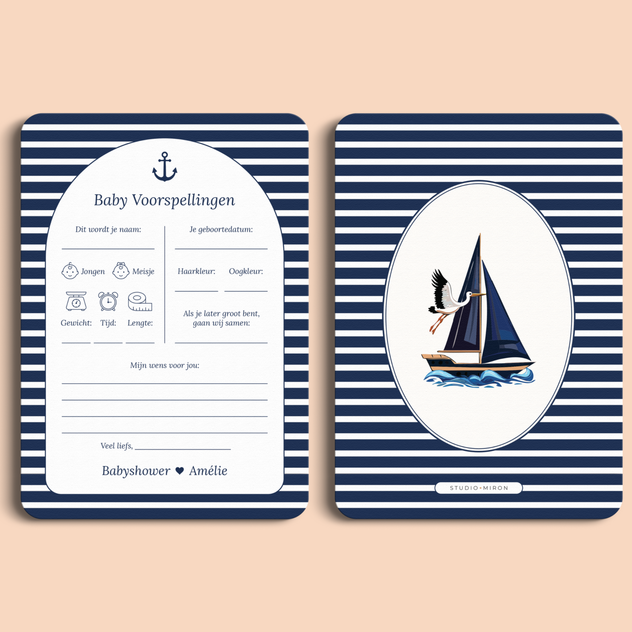 Babyshower invulkaart Baby Voorspellingen in Navy Blue stijl, voor- en achterkant – Studio Miron