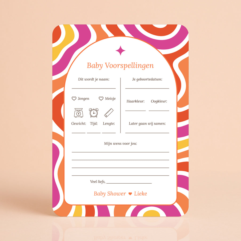 Babyshower invulkaarten Flower Power in rood, paars, oranje en geel, gepersonaliseerd met naam – Studio Miron