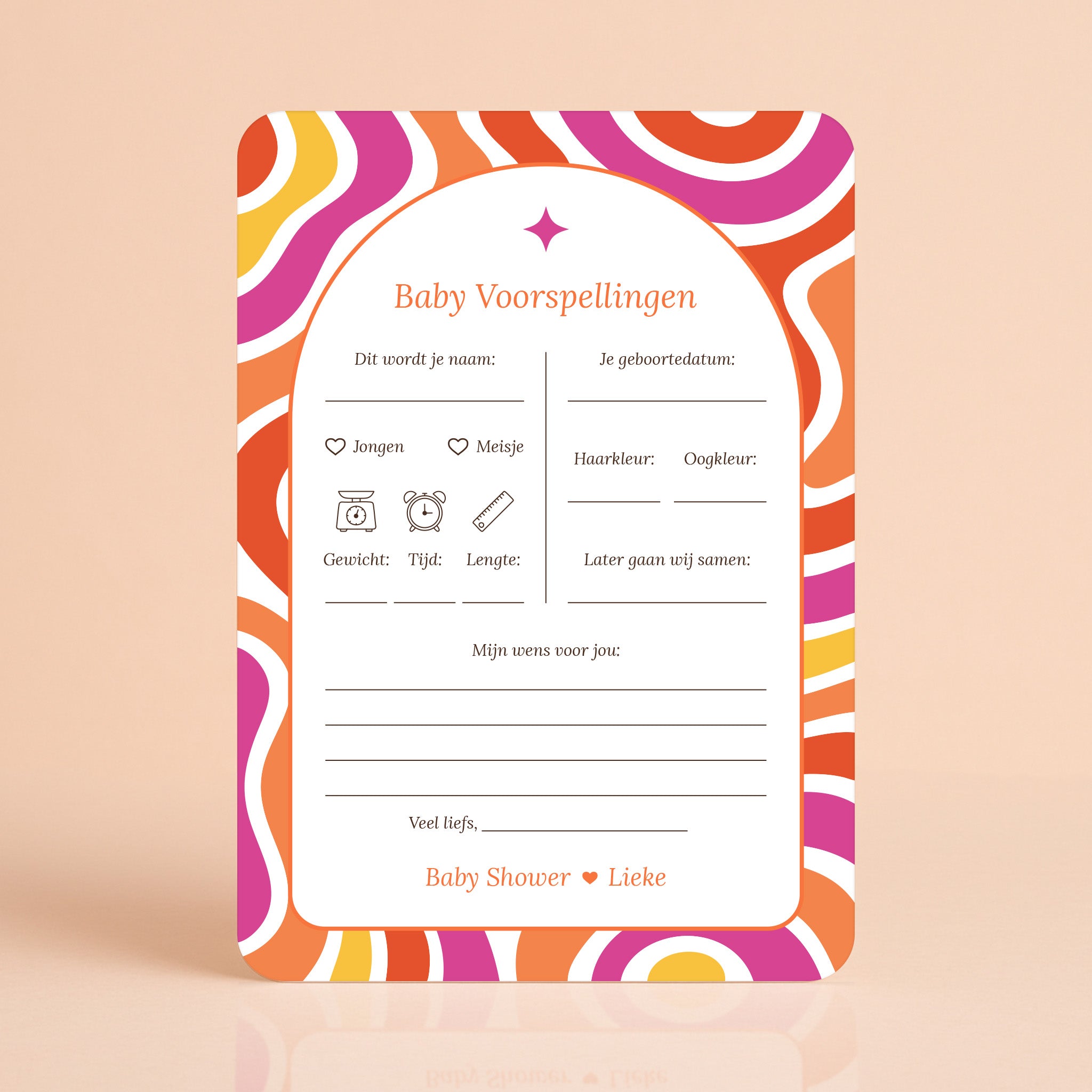 Babyshower invulkaarten Flower Power in rood, paars, oranje en geel, gepersonaliseerd met naam – Studio Miron