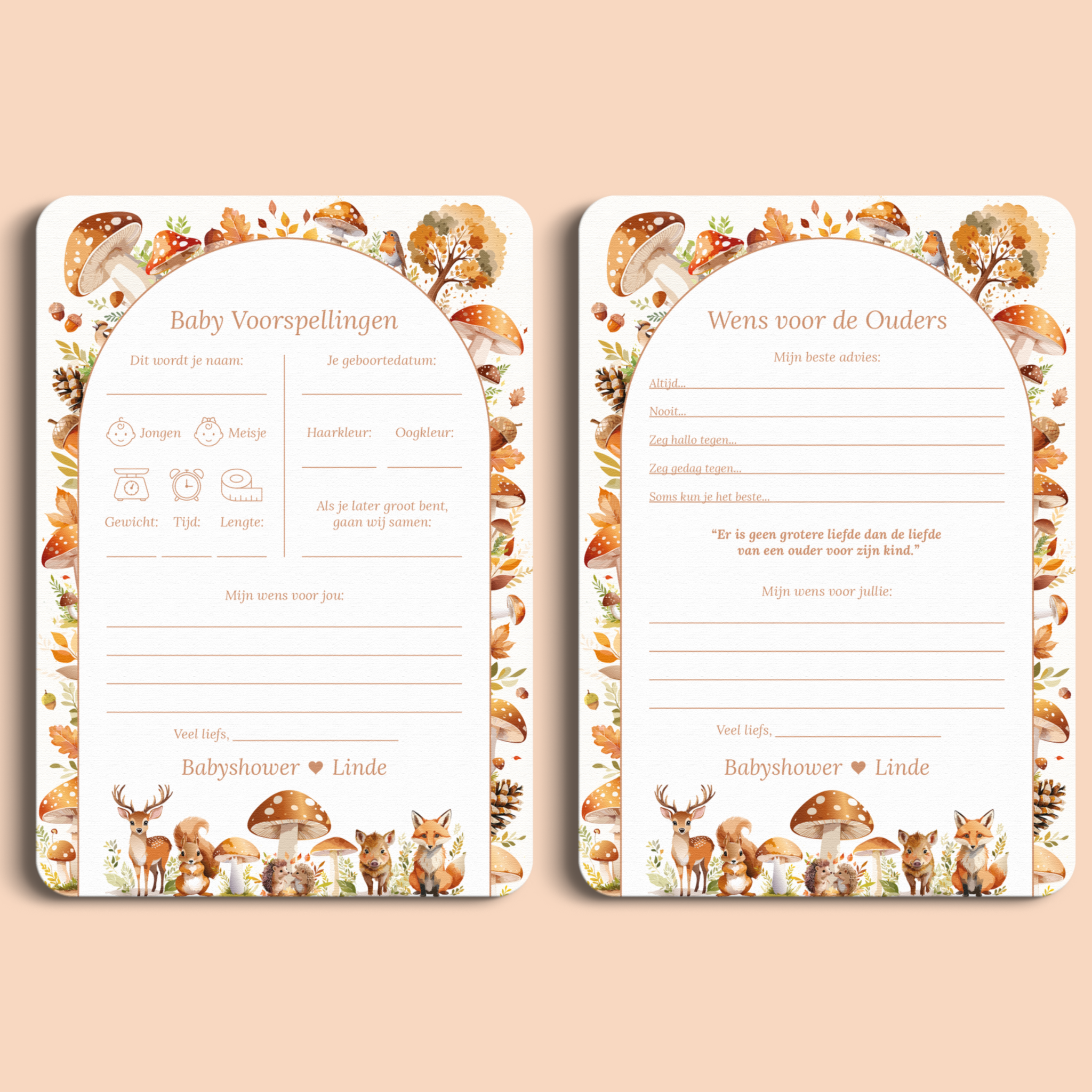 Babyshower invulkaarten Pakket in Bosdieren stijl, voor- en achterkant – Studio Miron