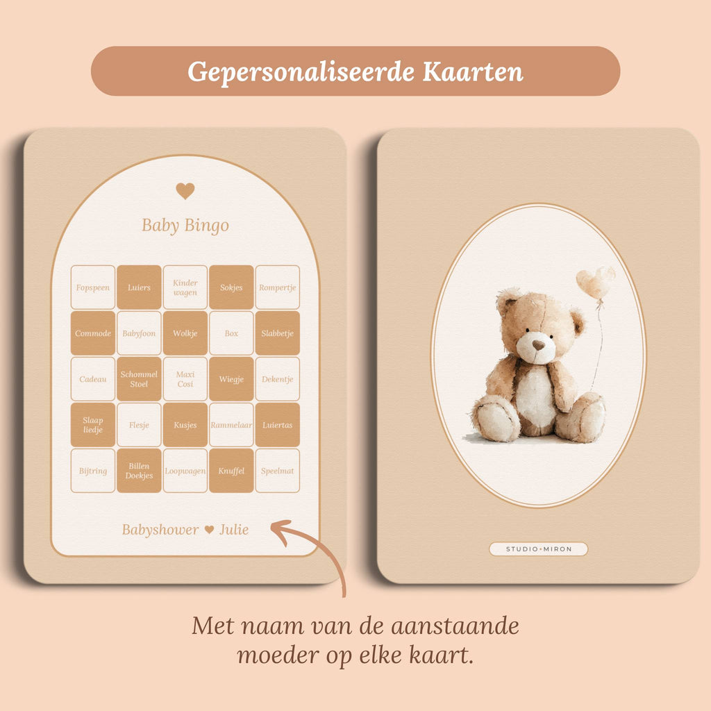 Babyshower spelletjes baby bingo boho zand gepersonaliseerd voor en achter Studio Miron