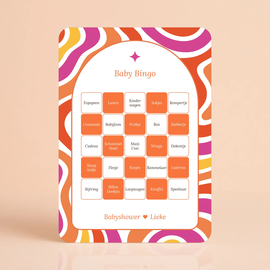 Babyshower spelkaart Baby Bingo in Flower Power stijl, gepersonaliseerd met naam – Studio Miron