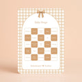 Babyshower spelkaart Baby Bingo in Gingham Bruin stijl, gepersonaliseerd met naam – Studio Miron