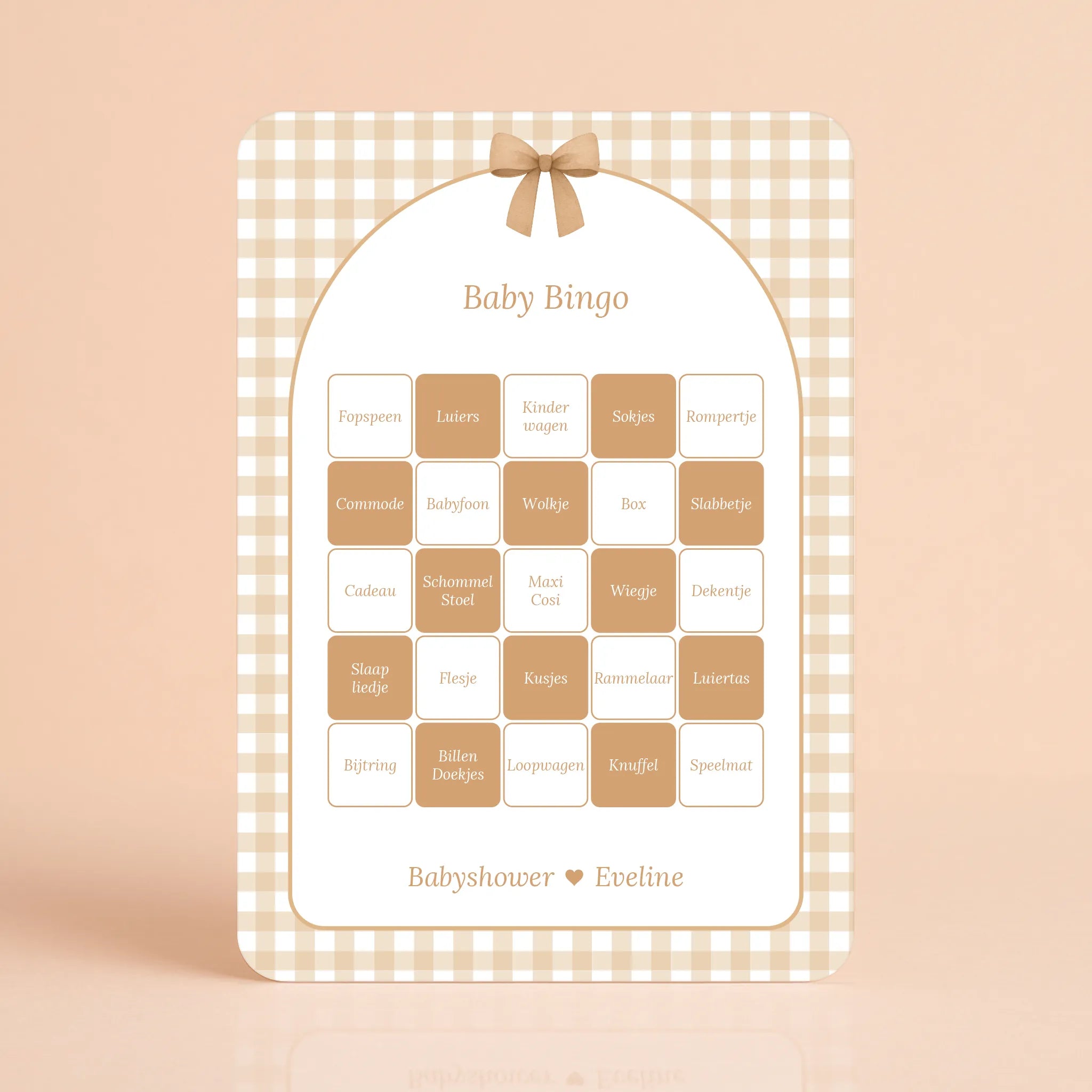 Babyshower spelkaart Baby Bingo in Gingham Bruin stijl, gepersonaliseerd met naam – Studio Miron