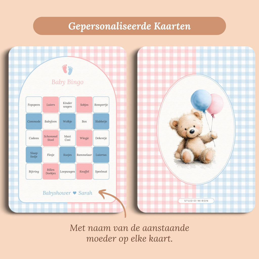 Babyshower spelletjes baby bingo gingham roze blauw gepersonaliseerd voor en achter Studio Miron