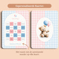 Babyshower spelletjes baby bingo gingham roze blauw gepersonaliseerd voor en achter Studio Miron