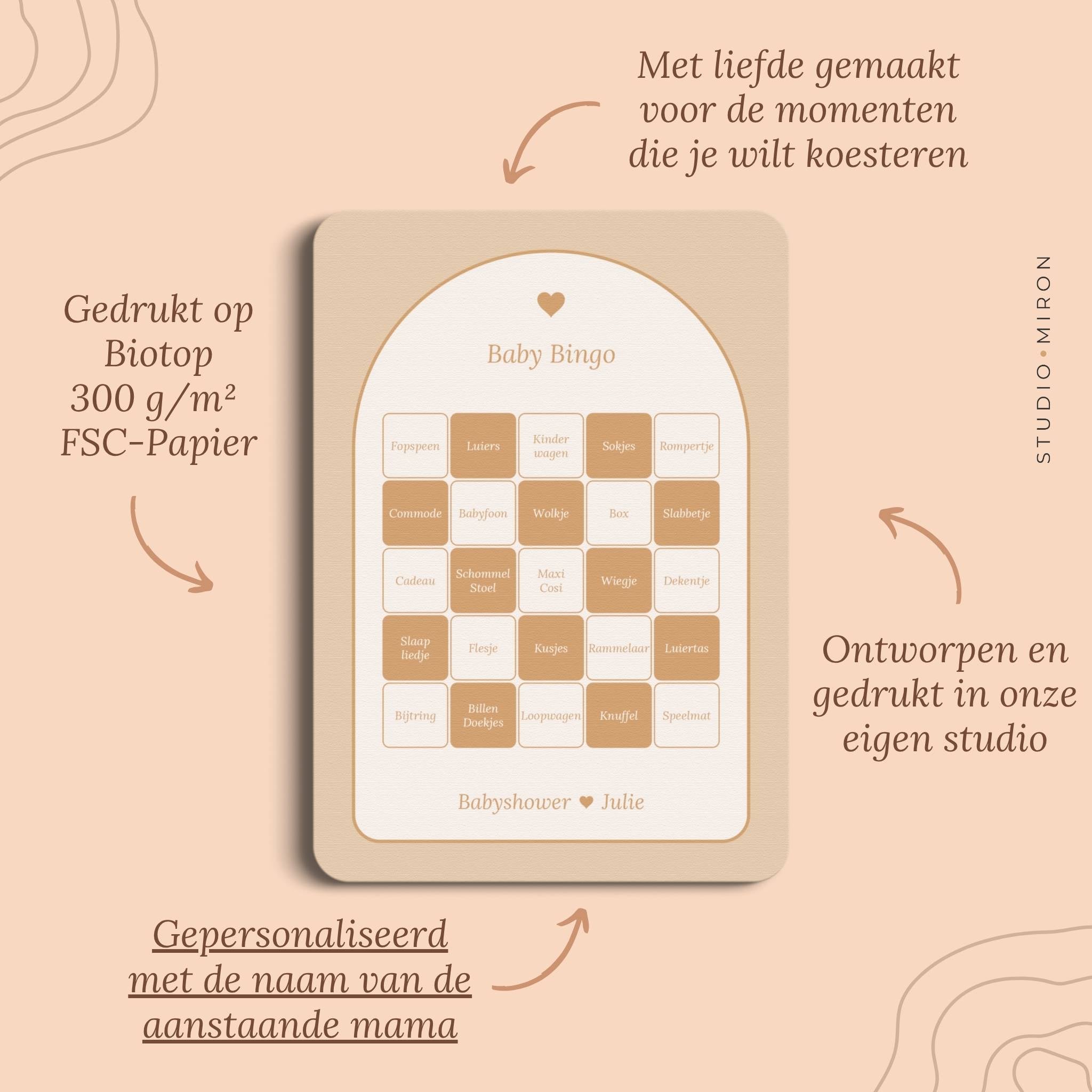 Babyshower spel Baby Bingo in Boho Zand Beer stijl, pluspunten – Studio Miron