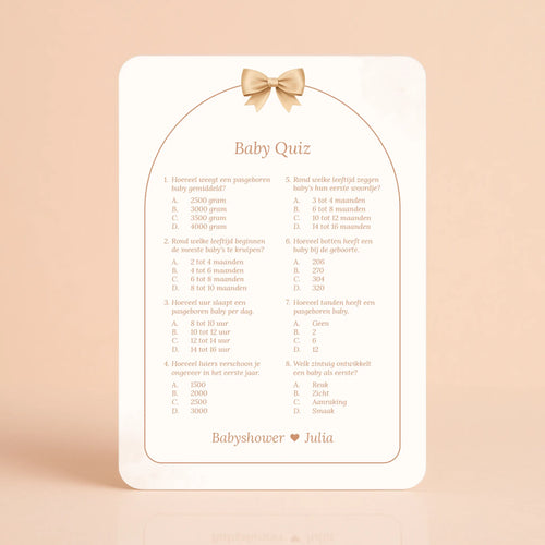 Babyshower spelkaart Baby Quiz in Boho Beige met beertje stijl, gepersonaliseerd met naam – Studio Miron