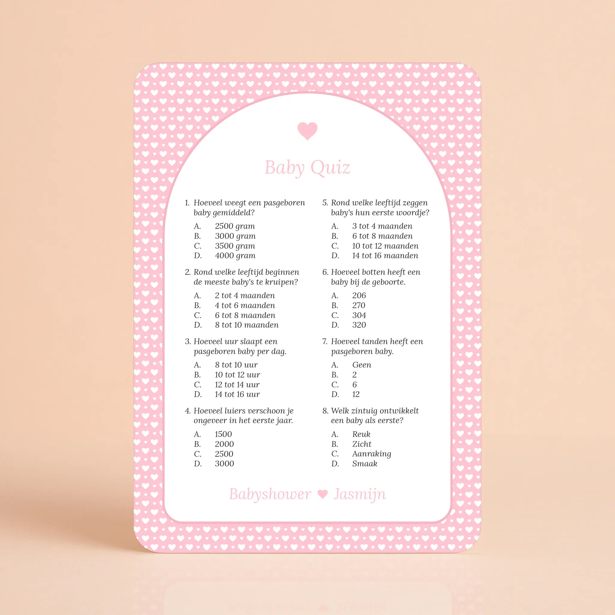Baby Quiz kaart met witte hartjes op roze achtergrond, gepersonaliseerd met naam – Studio Miron