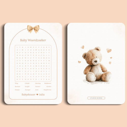 Babyshower spelletjes baby woordzoeker boho beige beertje voor en achter Studio Miron