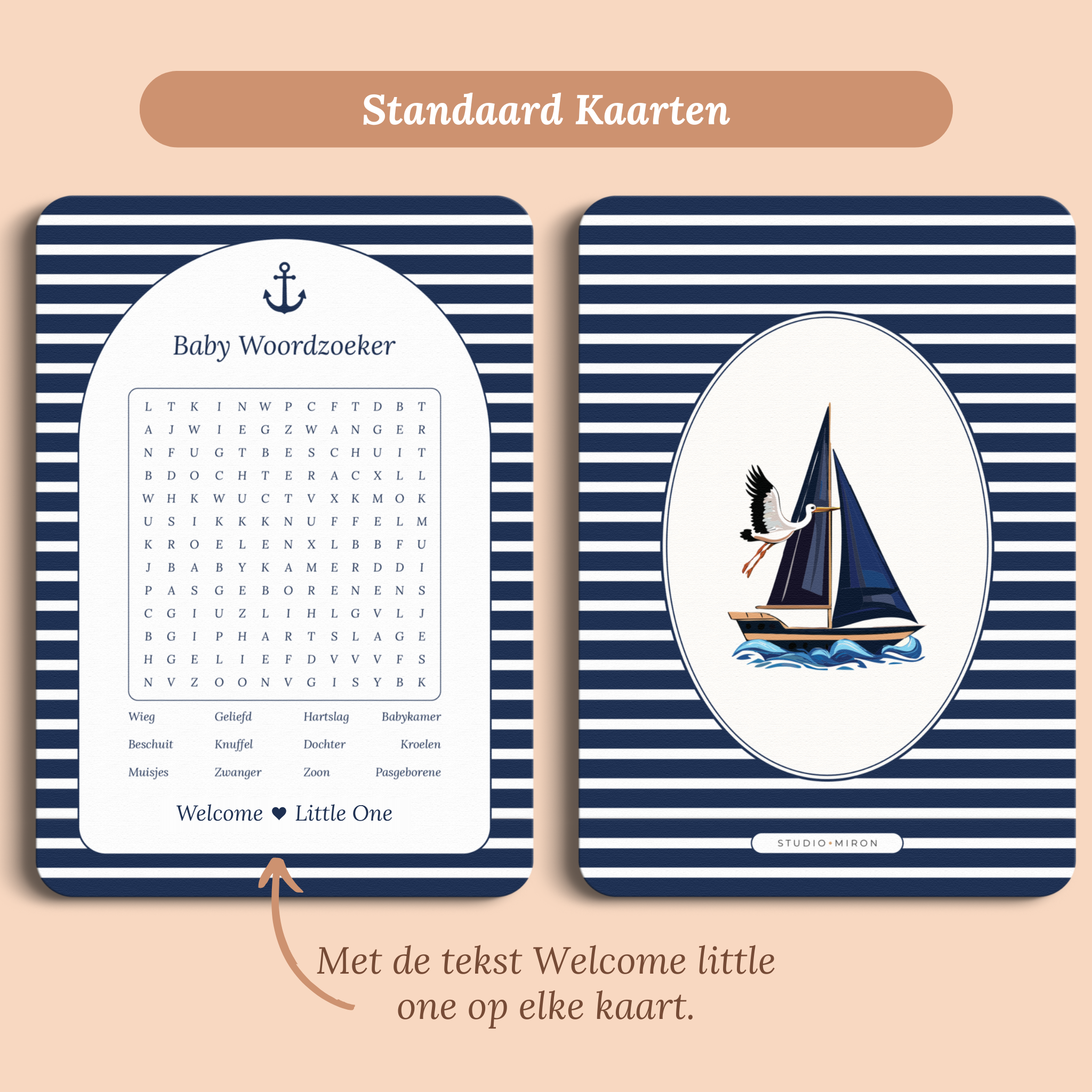 Babyshower spelkaart Baby Woordzoeker in Navy Blue stijl, standaardversie met Welcome Little One – Studio Miron