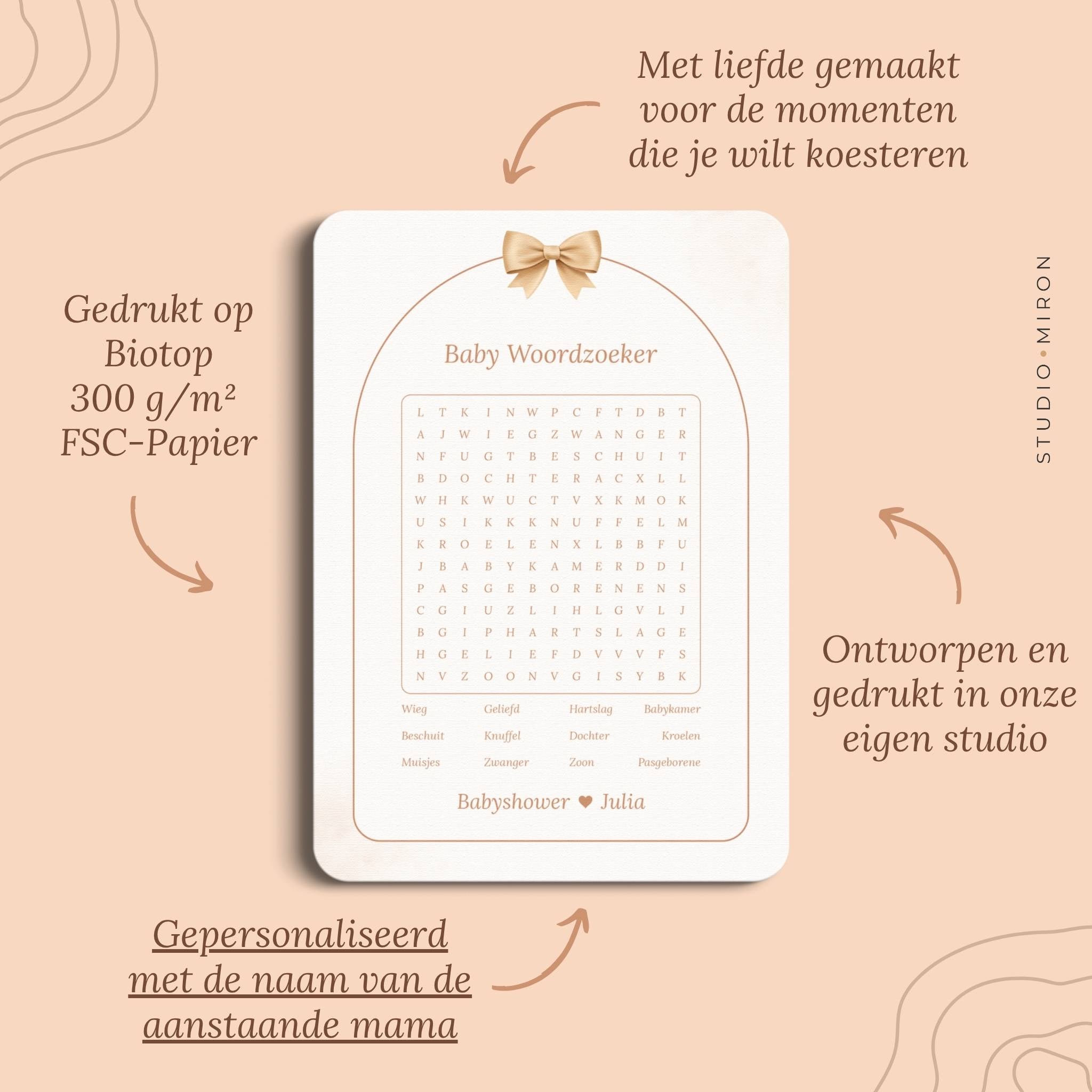 Babyshower spel Baby Woordzoeker in Boho Beige Beertje stijl, pluspunten – Studio Miron