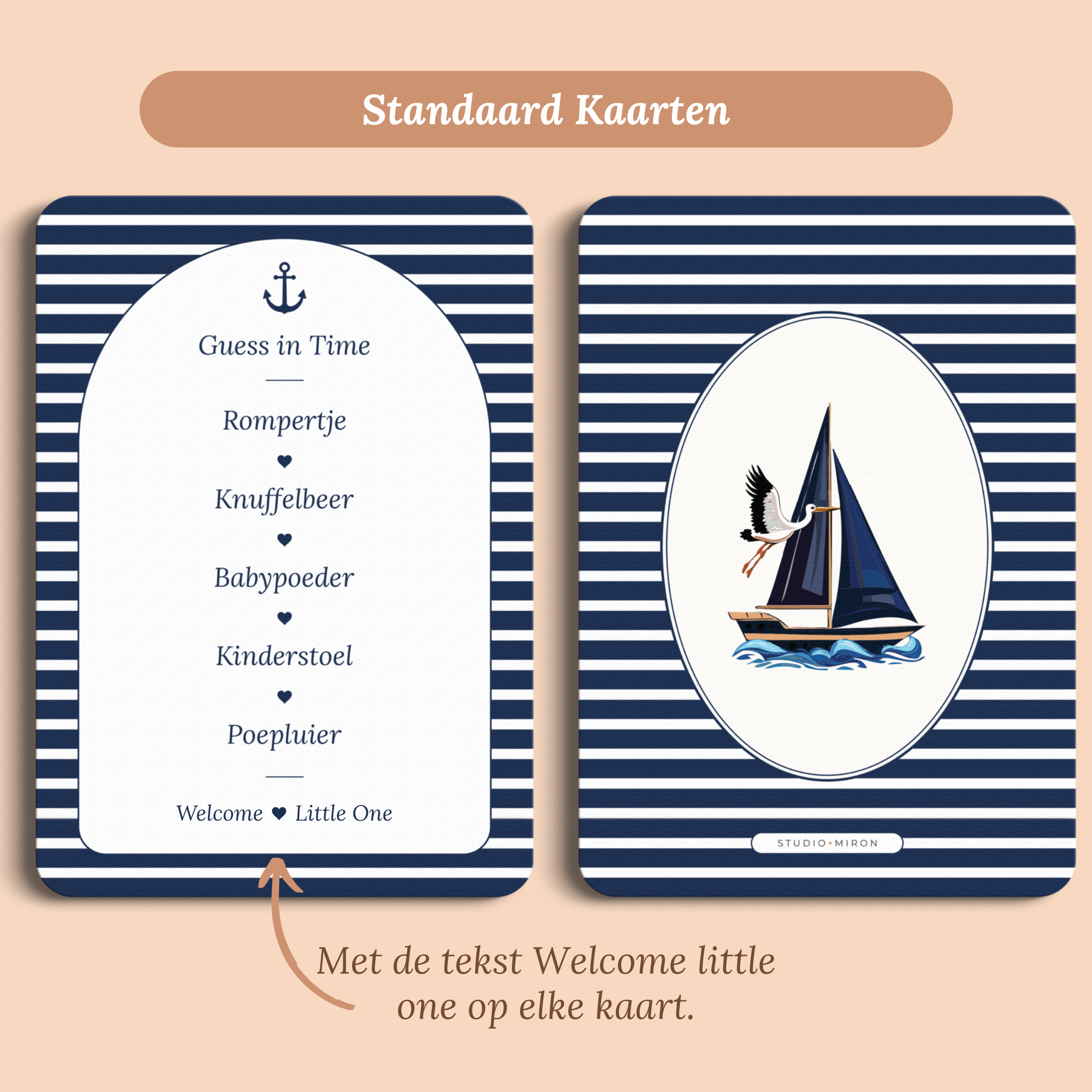 Babyshower spelkaart Guess in Time in Navy Blue stijl, standaardversie met Welcome Little One – Studio Miron