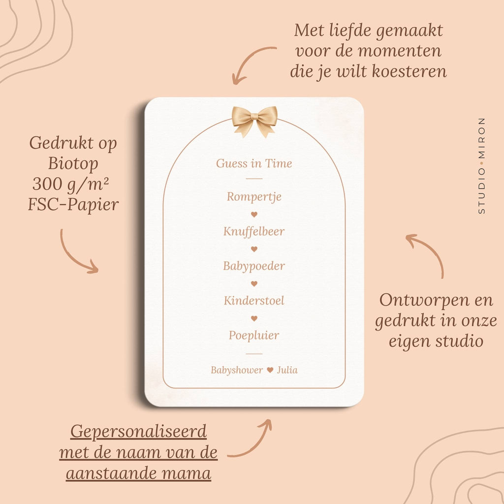 Babyshower spel Guess in Time in Boho Beige Beertje stijl, pluspunten – Studio Miron