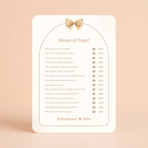 Babyshower spelkaart Mama of Papa in Boho Beige met Beertje stijl, gepersonaliseerd met naam – Studio Miron