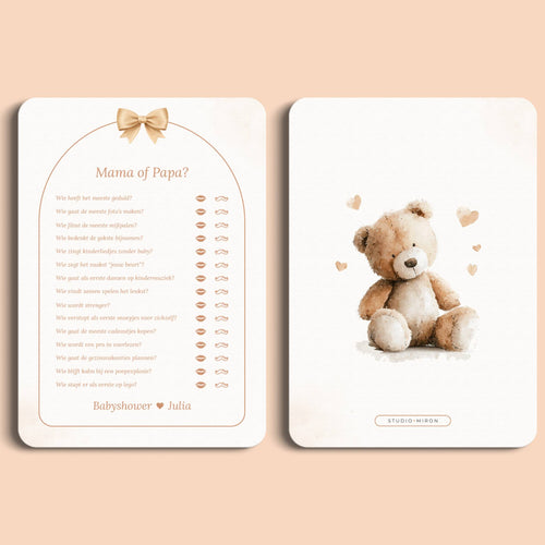 Babyshower spelletjes mama of papa boho beige beertje voor en achter Studio Miron