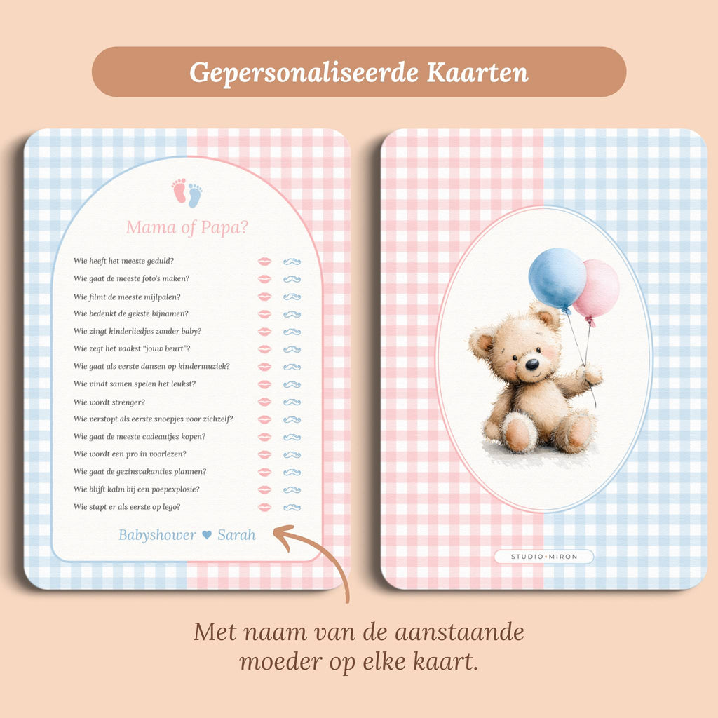 Babyshower spelletjes mama of papa gingham roze blauw gepersonaliseerd voor en achter Studio Miron