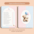 Babyshower spelletjes mama of papa gingham roze blauw gepersonaliseerd voor en achter Studio Miron