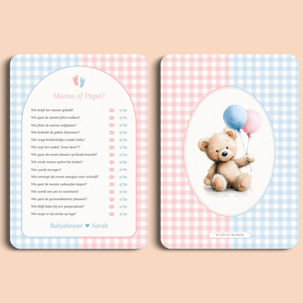 Babyshower spelletjes mama of papa gingham roze blauw voor en achter Studio Miron