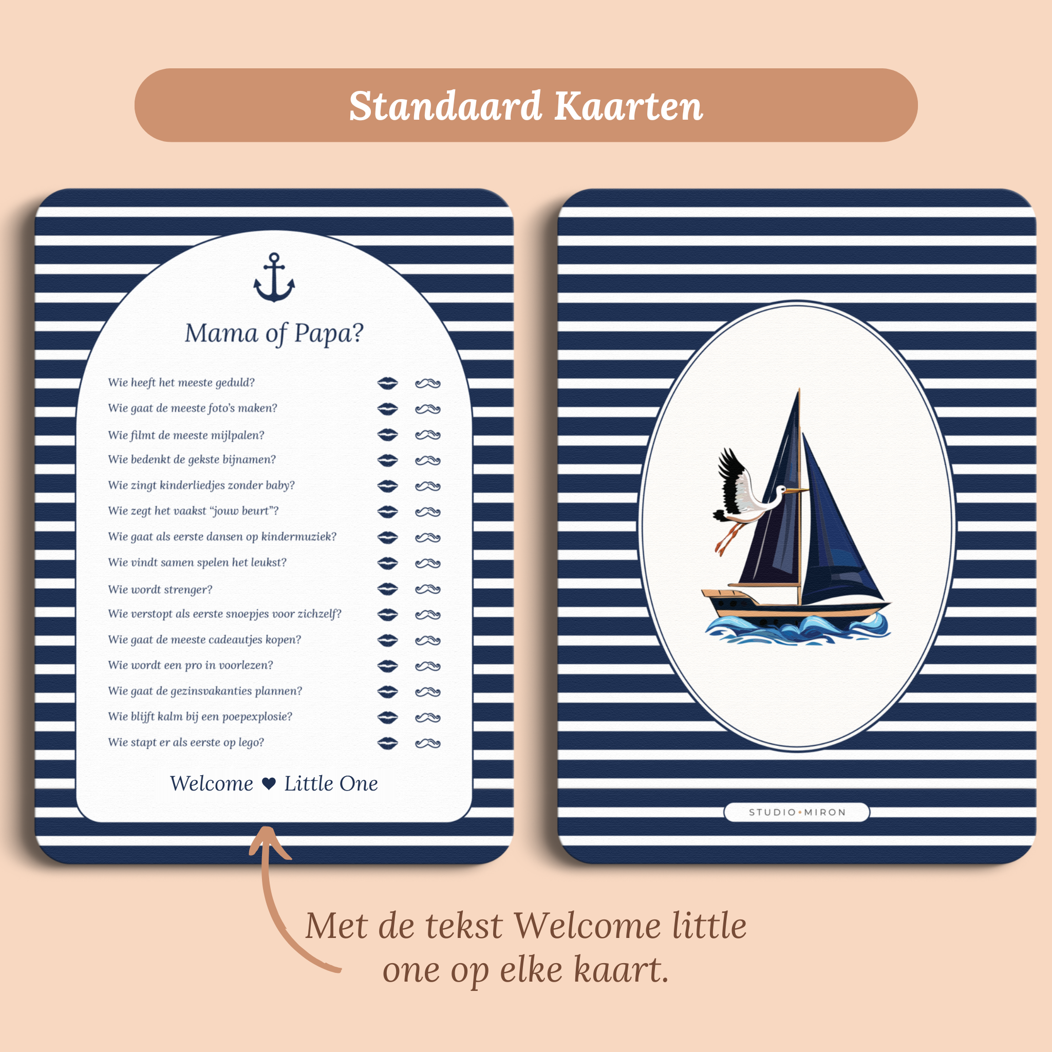 Babyshower spelkaart Mama of Papa in Navy Blue stijl, standaardversie met Welcome Little One – Studio Miron