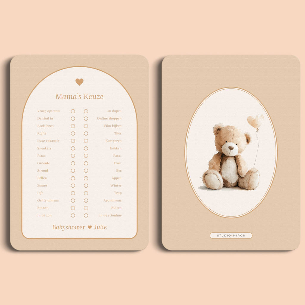 Babyshower spelletjes mamas keuze boho zand voor en achter Studio Miron
