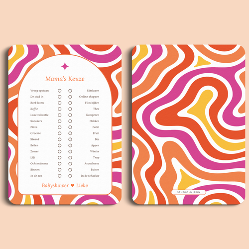 Babyshower spelkaart Mama’s Keuze in Flower Power stijl, voor- en achterkant – Studio Miron
