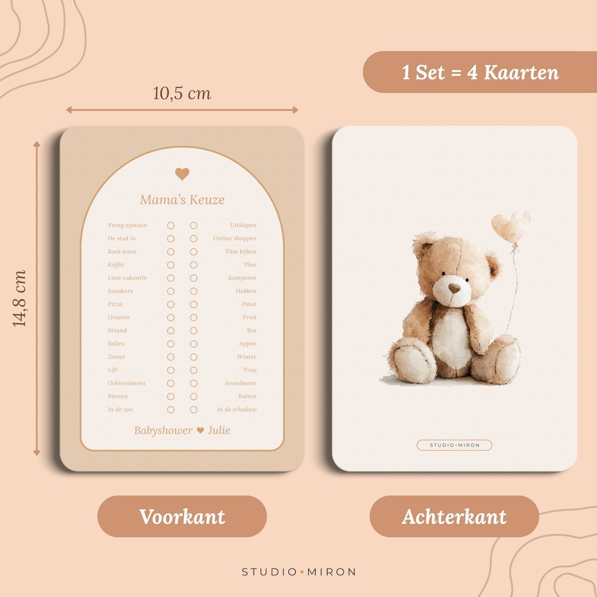 Babyshower spel Mama’s Keuze in Boho Beige Zand stijl,set formaat voorkant en achterkant – Studio Miron