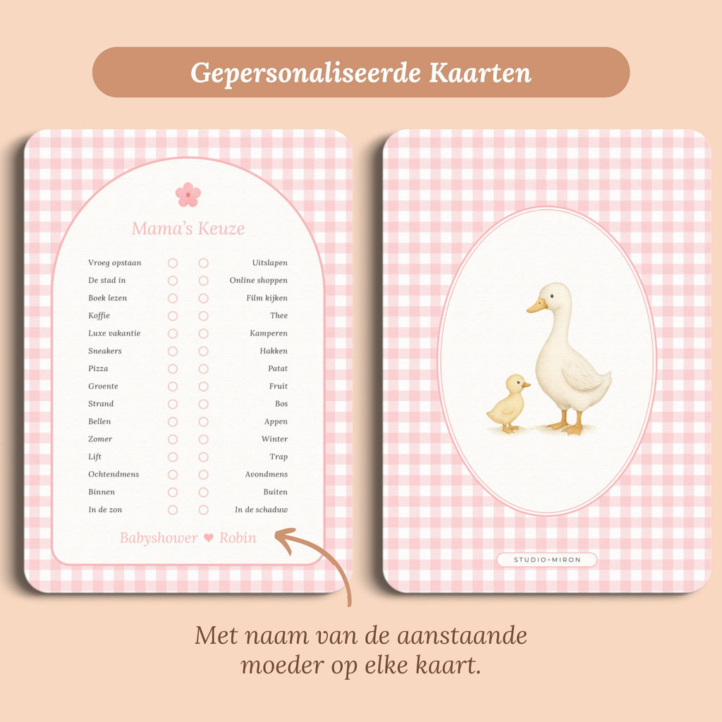 Babyshower spelletjes mamas keuze gingham roze gepersonaliseerd voor en achter Studio Miron