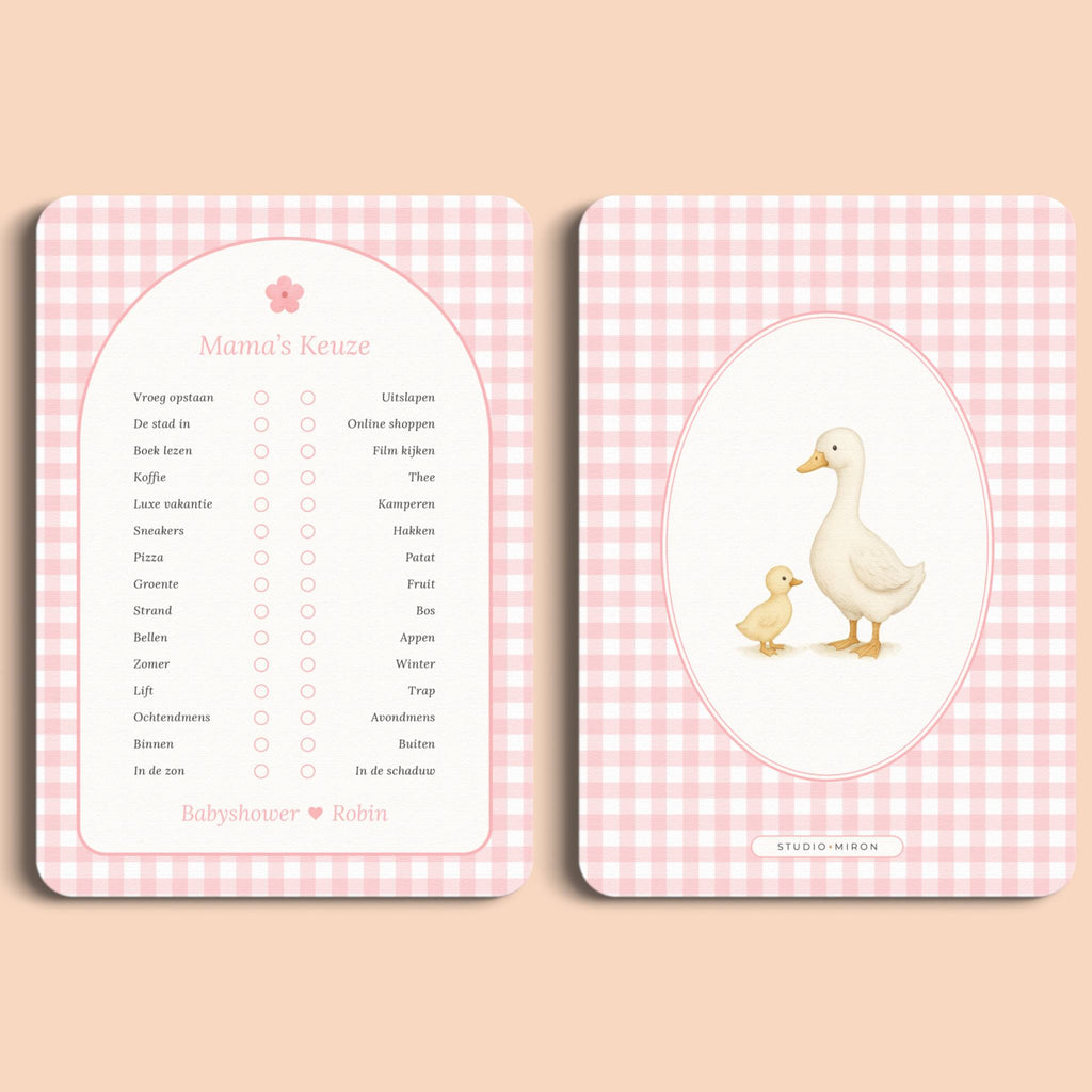 Babyshower spelletjes mamas keuze gingham roze voor en achter Studio Miron