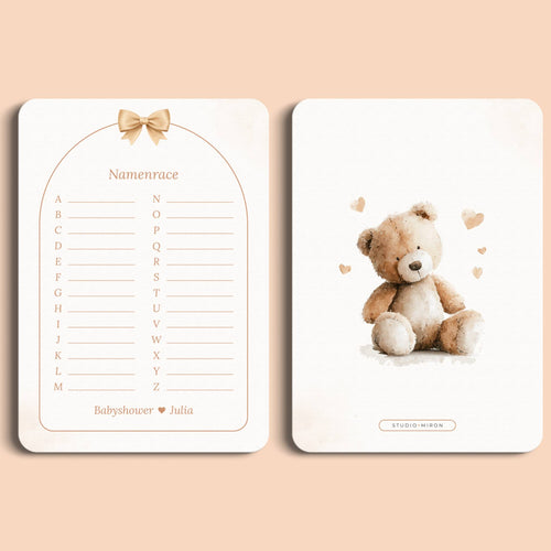 Babyshower spelletjes namenrace boho beige beertje voor en achter Studio Miron