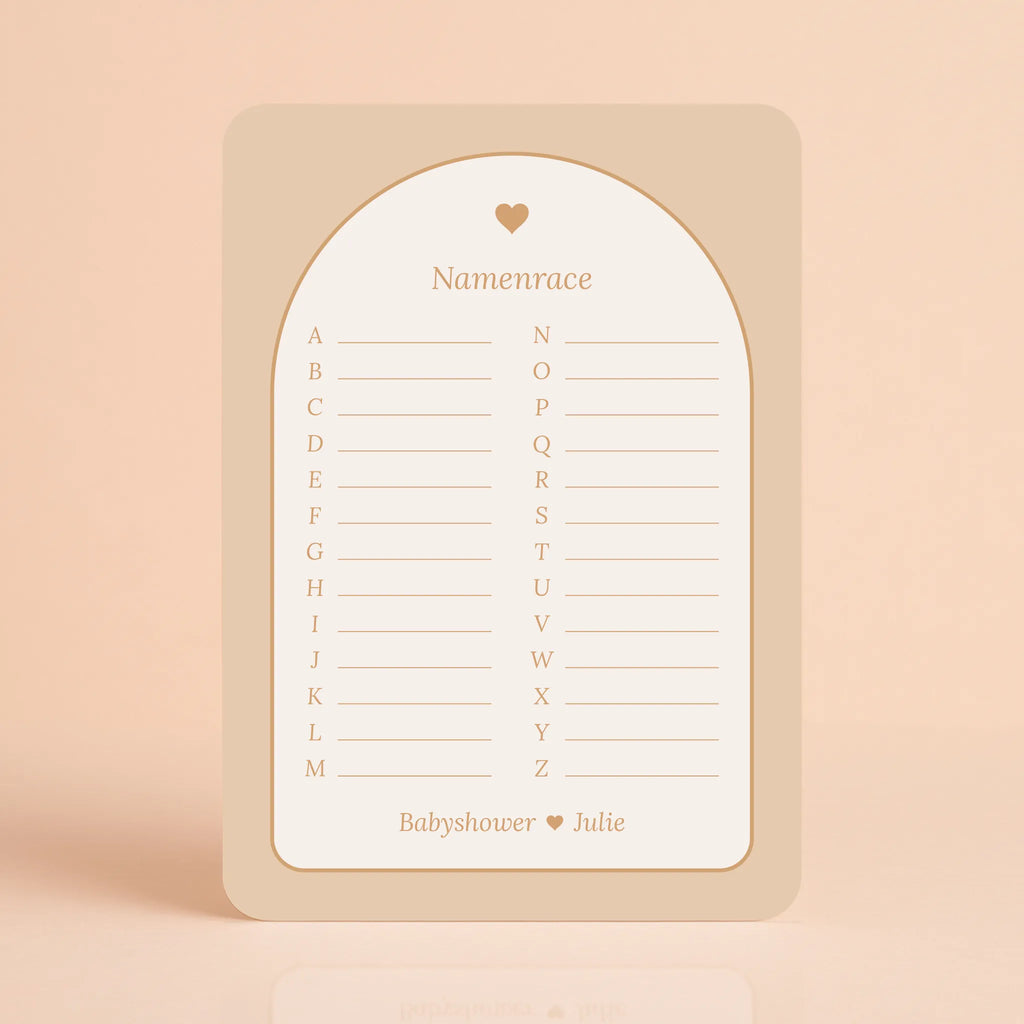 Babyshower spelkaart Namenrace in Boho Hartje stijl, gepersonaliseerd met naam – Studio Miron
