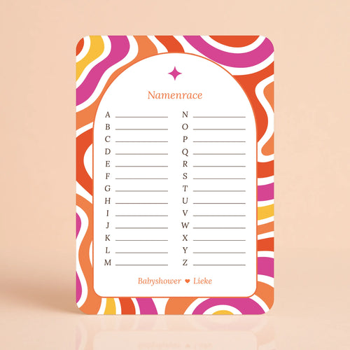 Babyshower spelkaart Namenrace in Flower Power stijl, gepersonaliseerd met naam – Studio Miron