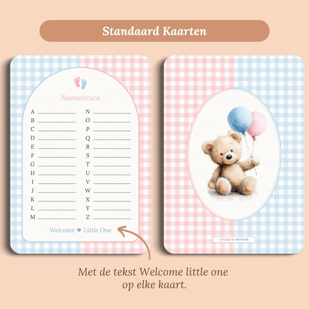 Babyshower spelletjes namenrace gingham roze blauw standaard voor en achter Studio Miron