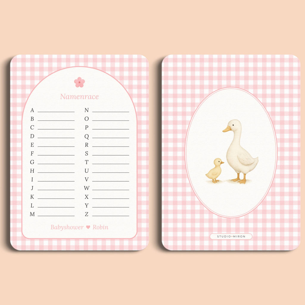 Babyshower spelletjes namenrace gingham roze voor en achter Studio Miron
