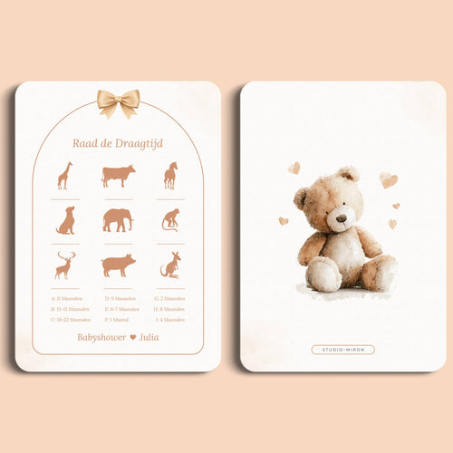 Babyshower spelletjes raad de draagtijd boho beige beertje voor en achter Studio Miron