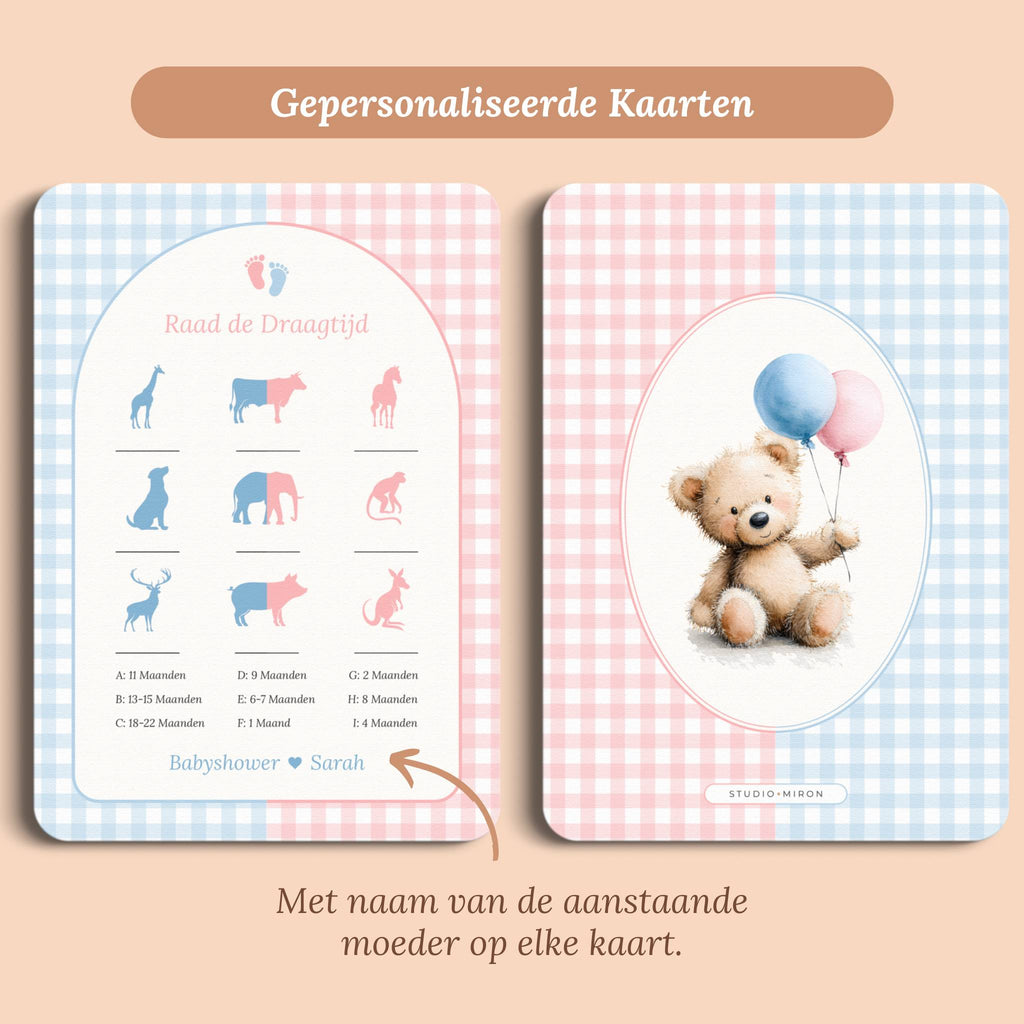 Babyshower spelletjes raad de draagtijd gingham roze blauw gepersonaliseerd voor en achter Studio Miron