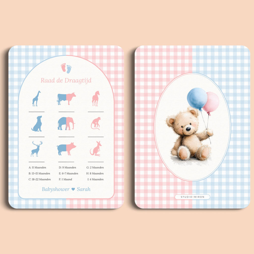 Babyshower spelletjes raad de draagtijd gingham roze blauw voor en achter Studio Miron