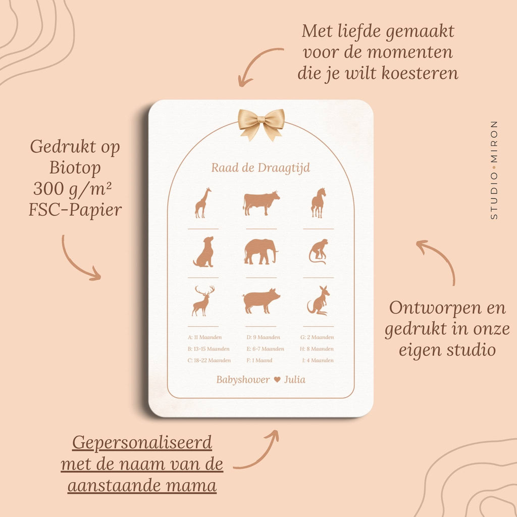 Babyshower spel Raad de Draagtijd in Boho Beige Beertje stijl, pluspunten – Studio Miron